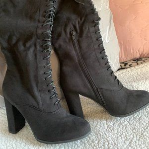 Wild Diva Black Lace - Up Knee High Boots